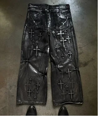 Gothic American Retro Cross Embroidered Wash Loose Black Denim Trousers Y2k New Popular Harajuku Hip-hop Rock Couple Streetwear