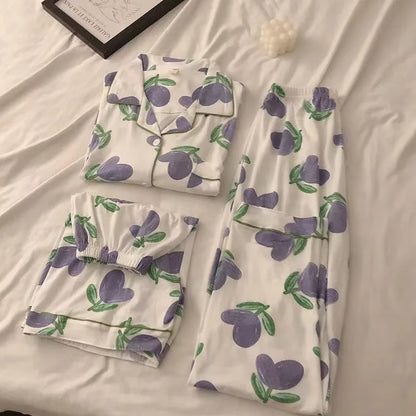 Three-Piece Set of Ladies Pajamas Short Sleeve Long Pants Student Loungewear Cartoon Cardigan Short Sleeve Shorts Cute Pajamas