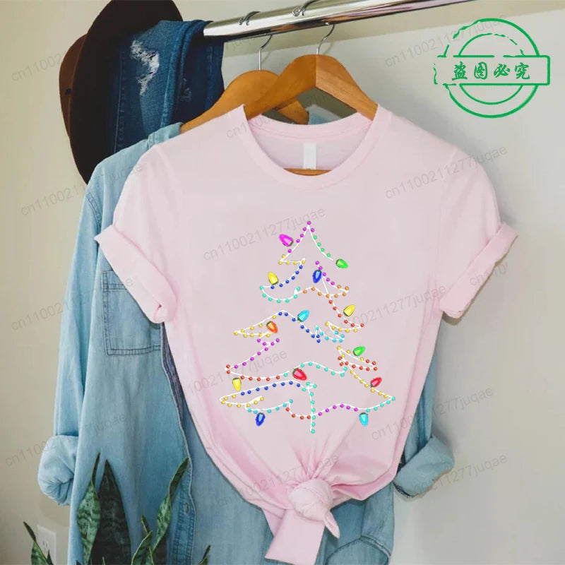 Women's Casual T-Shirts Christmas Lights Xmas Tree Print T-Shirt Christmas Party Design Tops Short Sleeve Ladies T Shirts Tops