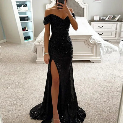 Women Elegant High Slit Cocktails Dress New Lady Party Banquet Slim Sequin Maxi Dress Sexy Slash Neck Glitter Floor-Length Dress 02 Black