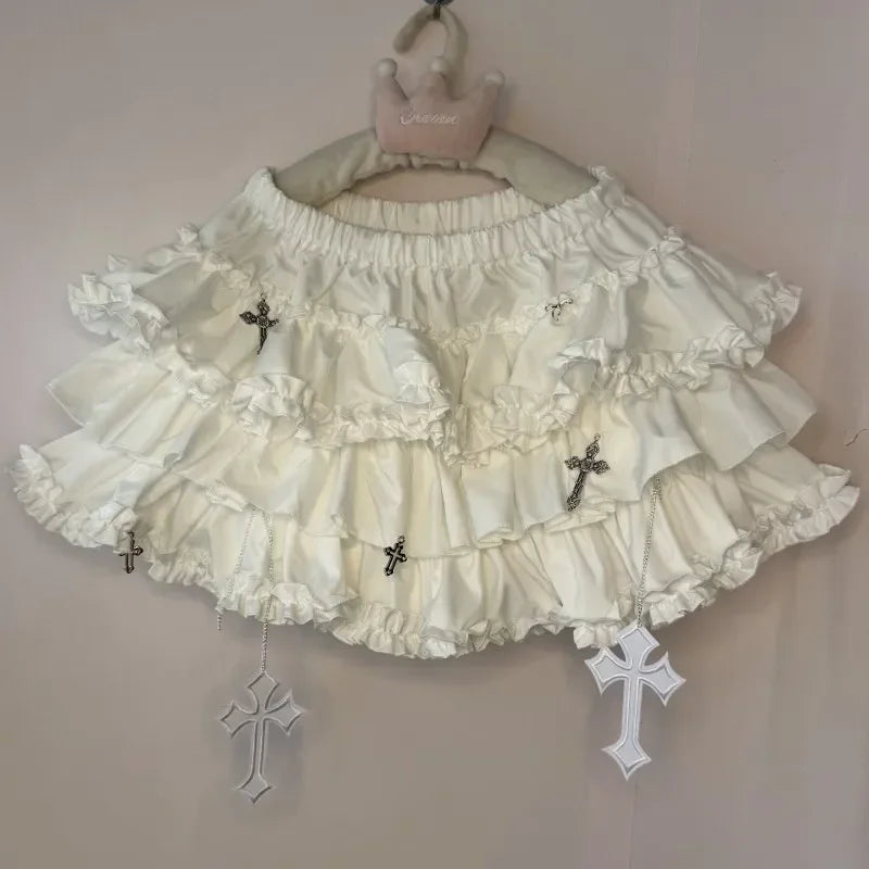 Emo Women Y2K Japanese Goth Elastic Waist Cross Mini Short Skirt High Waist Aesthetic Acubi Ruffle Skirts A-line 2000s Clothes