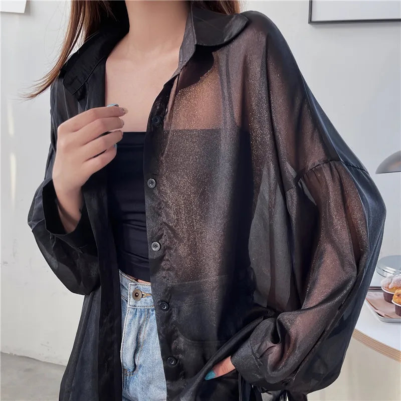 Semi Sheer Long Sleeve Shirt for Women Shimmer Button Down Collared Plain Lightweight Shirt Spring Summer Chic Tops Outfit