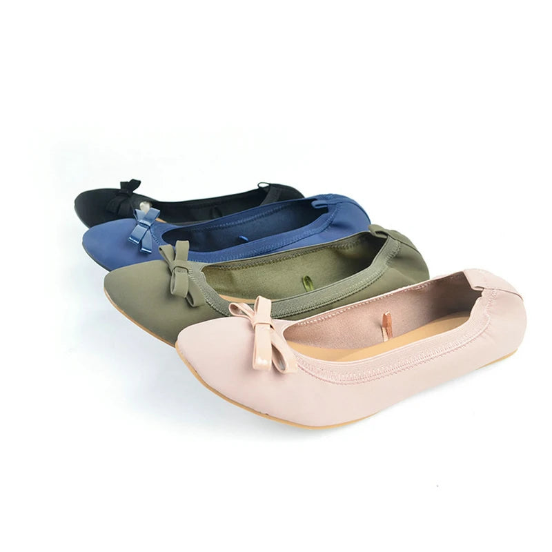Ballet shoes with bows embellished, flat for commuting casual, soft and foldable soles