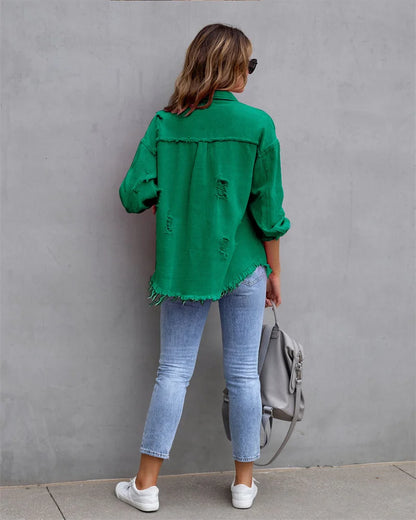 2025 Spring Autumn Shirt Style Denim Jacket Women Holes Raw-edges Jeancoat Casual Tops Female Oversize Loose Outerwear 7 Colors