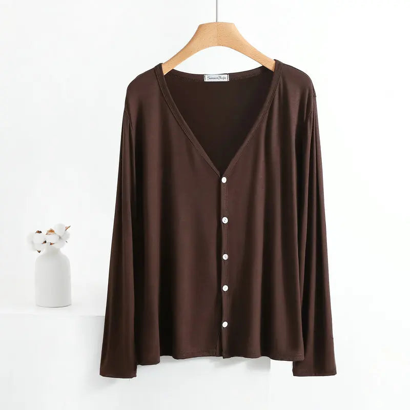 Summer Spring Modal Cardigan Long sleeves Candy colors V Neck Tshirt Open-front sun-proof clothing Air-conditioned tops coffee bust-100-120cm