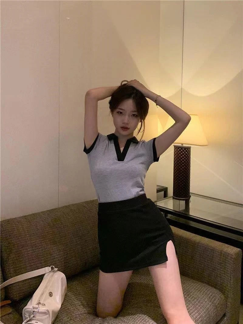 Summer Fashion Y2K T-shirt Woman Patchwork Polo Tee Shirt Femme Sexy OL Clothes Women Short Sleeve V-neck Tshirts Tops