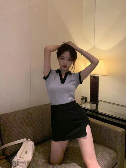 Summer Fashion Y2K T-shirt Woman Patchwork Polo Tee Shirt Femme Sexy OL Clothes Women Short Sleeve V-neck Tshirts Tops