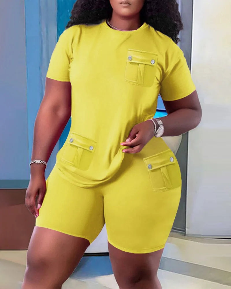 Women Two Piece Shorts Sets Solid Round Neck T Shirts Pockets Elastic Waist Short Trousers Suits Leisure Ladies 2025 Summer