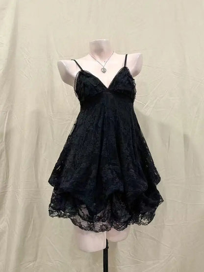 2000s Gothic Vintage Mini Dress Women Sleeveless Strap Party Dress Evening Lace Retro Cltohing Japanese Y2k Black Chic 12191 Black