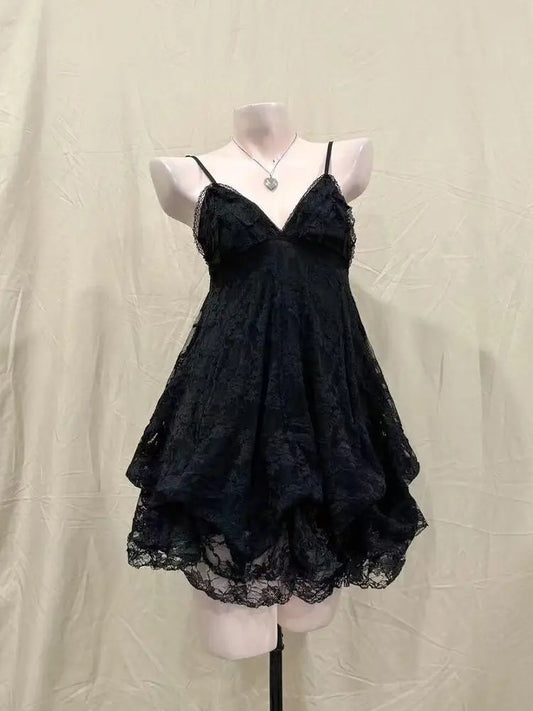 2000s Gothic Vintage Mini Dress Women Sleeveless Strap Party Dress Evening Lace Retro Cltohing Japanese Y2k Black Chic 12191 Black
