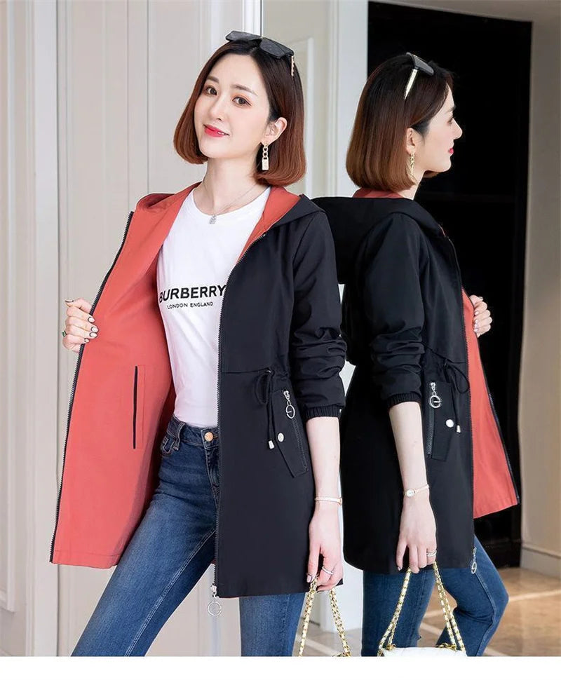 Double-Sided Trench Coat Women 2023New Fashion Spring Autumn Clothes Hooded Mid-Length Windbreakers Female Outerwear Casual Tops