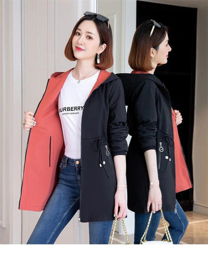 Double-Sided Trench Coat Women 2023New Fashion Spring Autumn Clothes Hooded Mid-Length Windbreakers Female Outerwear Casual Tops