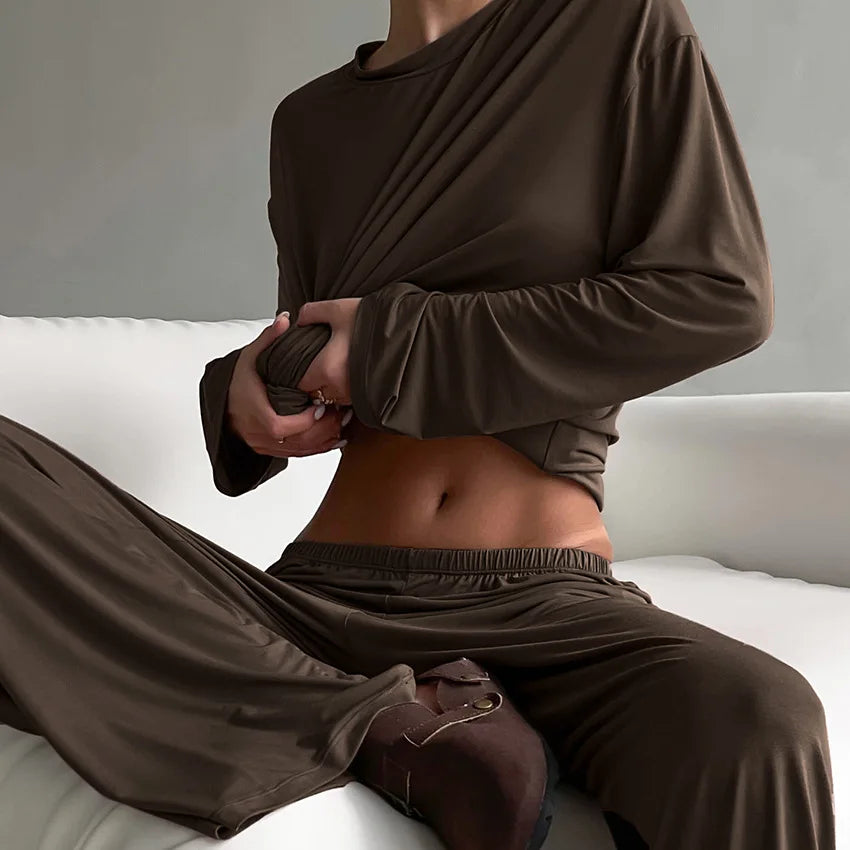 New 2025 Brown Loose Female Sleepwear Suit O-Neck Nightgowns Long Sleeve Nightwear Wide Leg Pants Women's Pajamas 2 Piece Set Brown