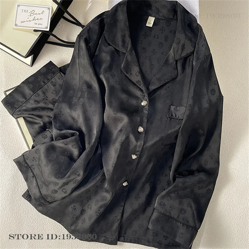 Women Long Sleeve Pajamas 2PCS Set Spring Summer New Sleepwear Loungewear Fashion Stripes Pyjama Pour Femme Loose Satin Homewear Black Pajamas 8