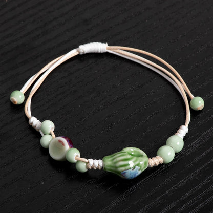 Ethnic Boho Handmade Ceramic Seashell Bracelet Adjustable Woven Vintage Jewelry Gift for Women S02-034