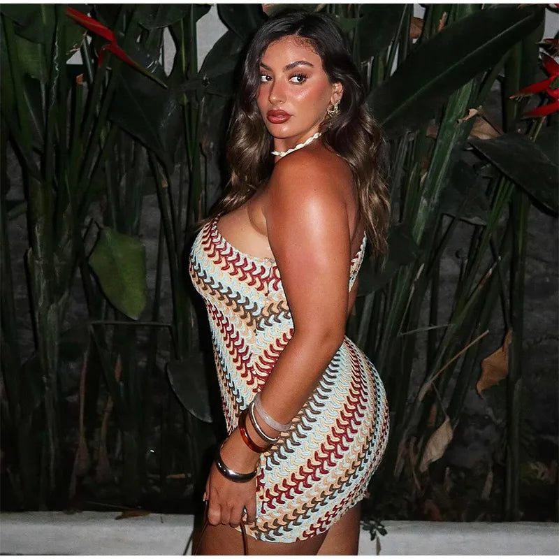 Rainbow Knitted Single Shoulder Mini Dress Women Sexy Sleeveless Waist Hugging Tight Short Dresses 2025 New Summer Party Vestido Badiee Stylez