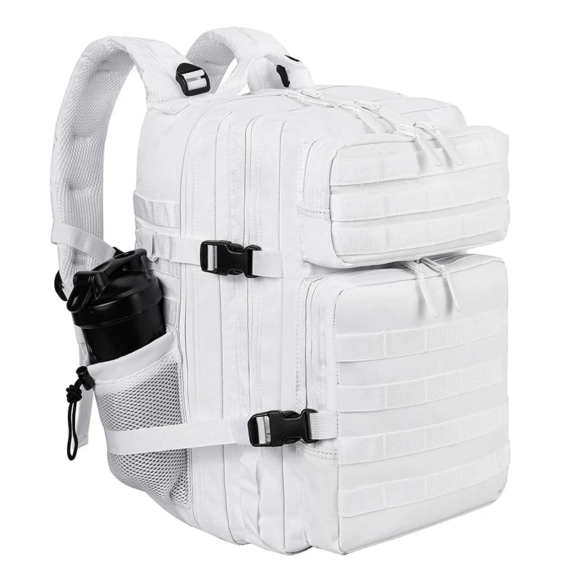 LHI 45L Tactical Backpack for Men and Women Large Athlete Gym Bag Outdoor Sports Hiking Survival Rucksack with Bottle Holder White