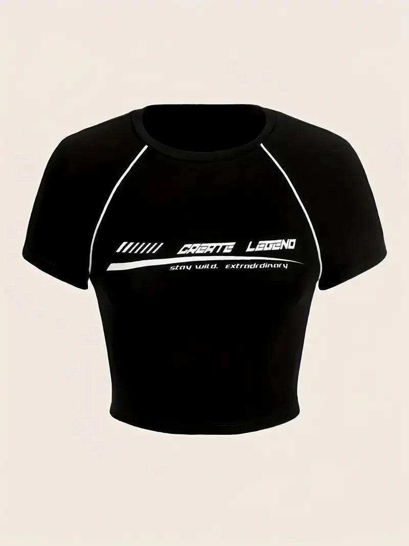 Monogram print crewneck crop top T-shirt, spring/summer casual short-sleeved top, women's black