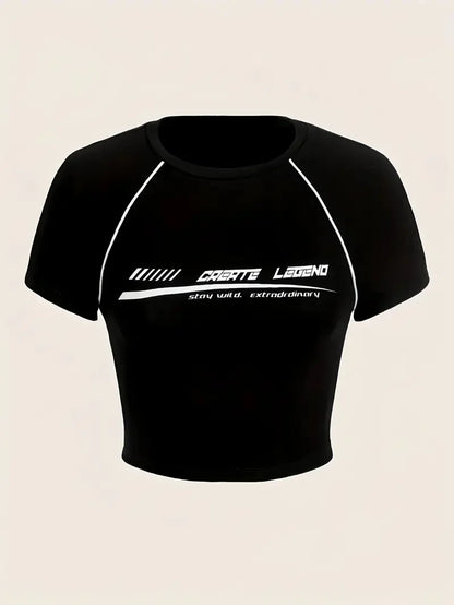 Monogram print crewneck crop top T-shirt, spring/summer casual short-sleeved top, women's black