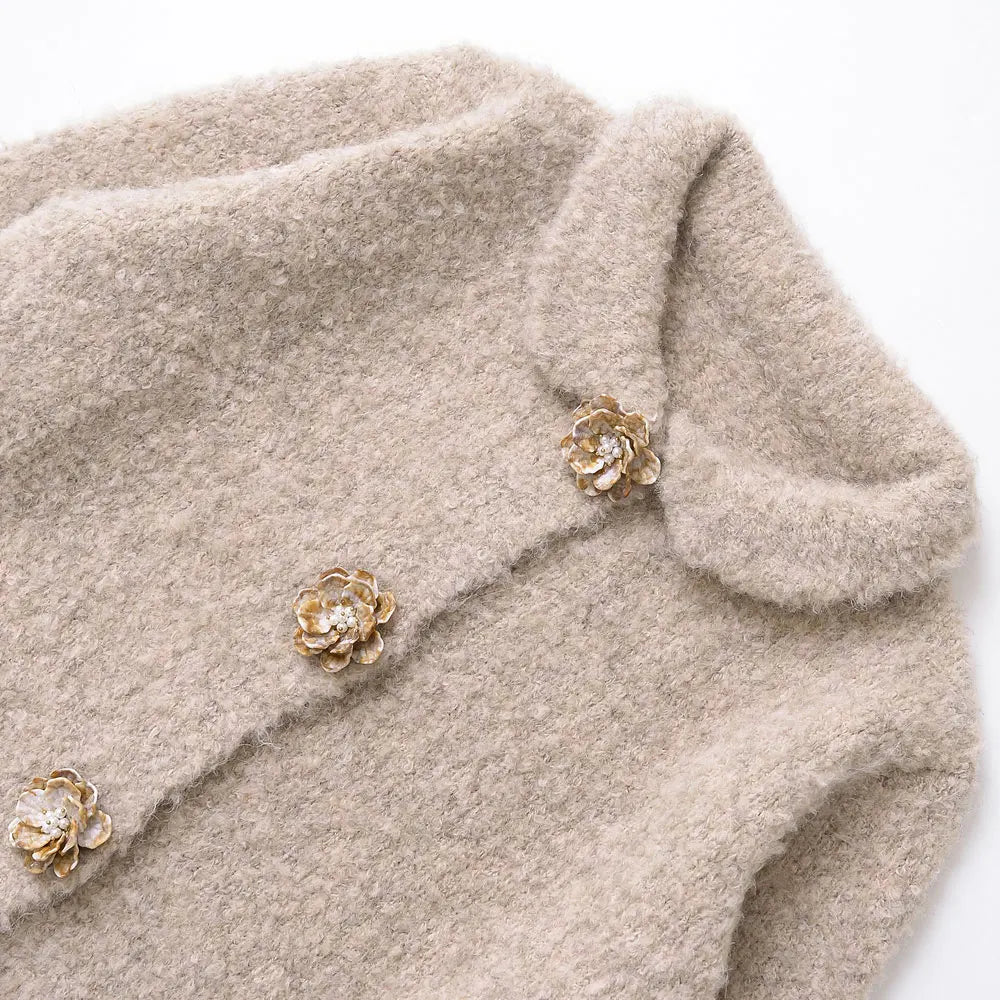 TRZA Women's Floral Button Knit Cardigan Sweater Lapel Collar Long Sleeve Chic Outerwear Fashion Top