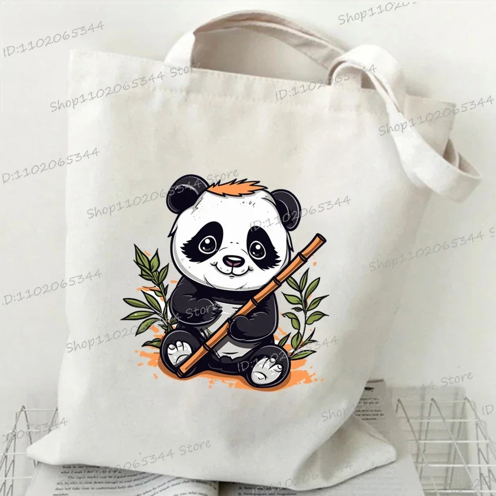 Canvas Bag for Women Cartoon Panda Printed Shopper Handbags Storage Reusable Canvas Shoulder Bag China Panda Female Tote Bag 12