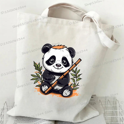 Canvas Bag for Women Cartoon Panda Printed Shopper Handbags Storage Reusable Canvas Shoulder Bag China Panda Female Tote Bag 12