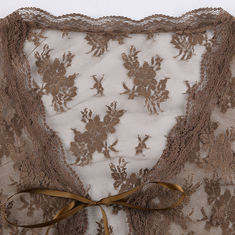 Women Sexy See Through Cardigans Y2K Long Sleeve Lace Mesh Lace Vintage Lace Tie Up Floral Crop Tops Streetwear Cardigans