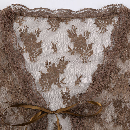 Women Sexy See Through Cardigans Y2K Long Sleeve Lace Mesh Lace Vintage Lace Tie Up Floral Crop Tops Streetwear Cardigans