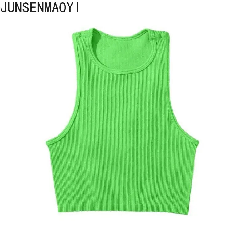 DIY Print Customize Sleeveless Vest Women's Summer High Waist Short Crop Top Fitness Running Yoga Clothes Slim Fast Dry Clothes Fluorescent Green