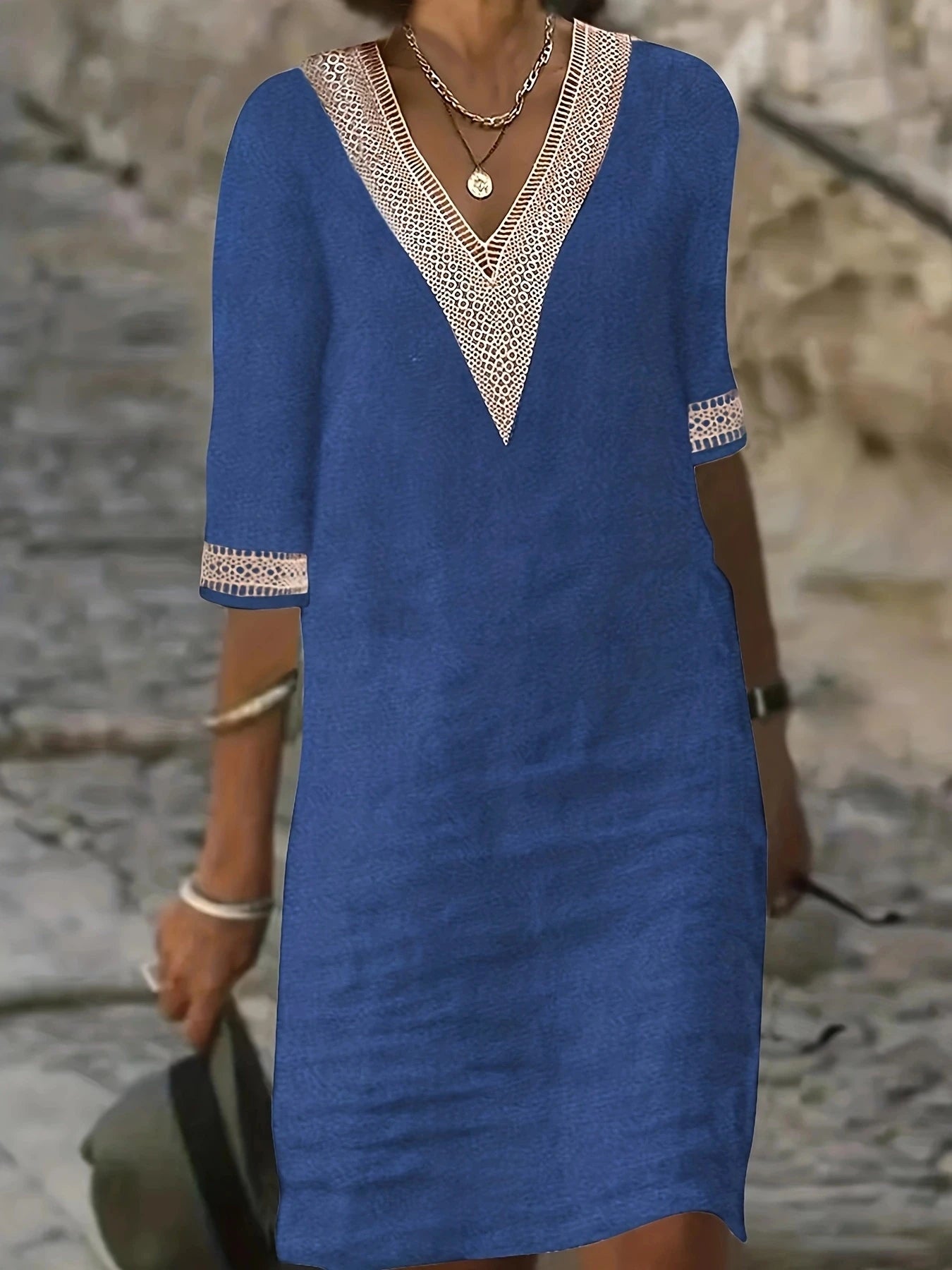 Chic Guipure Lace V-Neck Tunic Dress - Easy-Care, Knee-Length, All- Season Comfort with Stylish Hollow Details Badiee Stylez