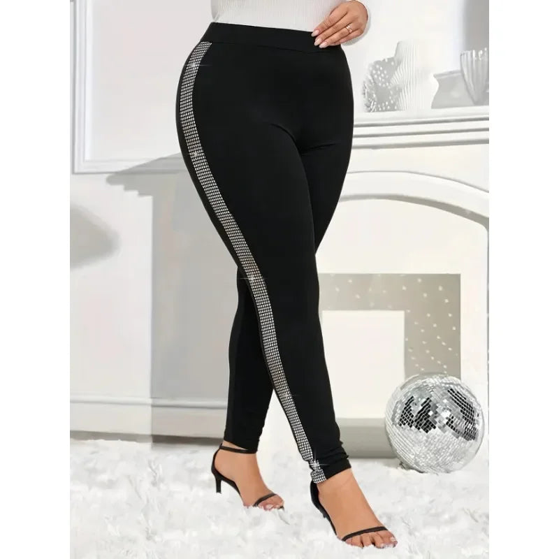 Plus Size New Women's Casual Rhinestone-Trimmed Tight Leggings - Stretchy Solid Color All-Season Machine Washable black