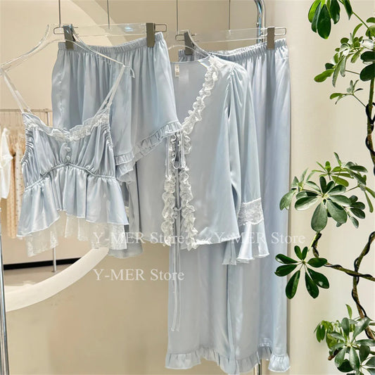 Blue Pajamas Set Elegant Home Clothes Ice Silk Sleepwear Women Loose Trousers Suit Four Seasons Loungewear Sexy Lace Nightgown Blue A