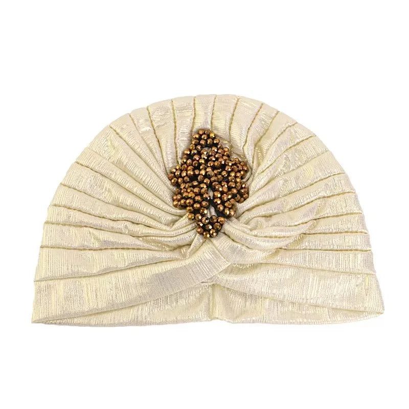 Ethnic Gathered Headscarf with Clover Crystal Gold Foil Print Fashion Hair Cover for Women Hijab Head Wrap Accessory Light gold