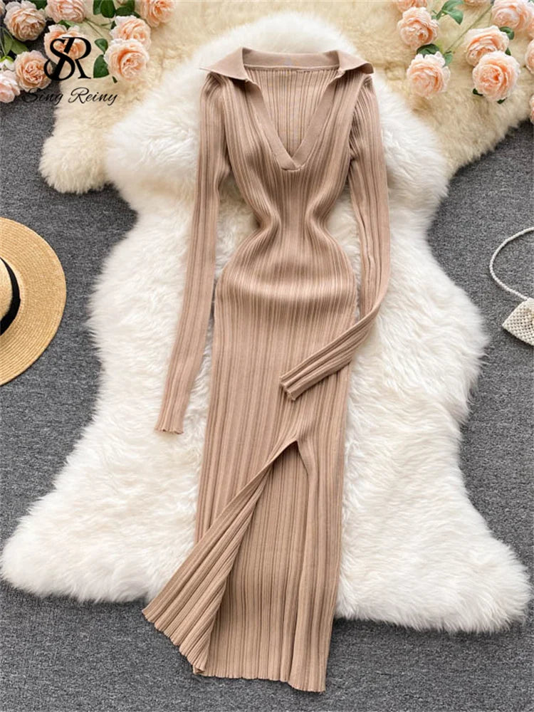 SINGREINY Women Korean Knitted Dress Long Sleeve V Neck Elastic Slim Pencil Dresses 2021 Autumn Sexy Bodycon Split Sweater Dress