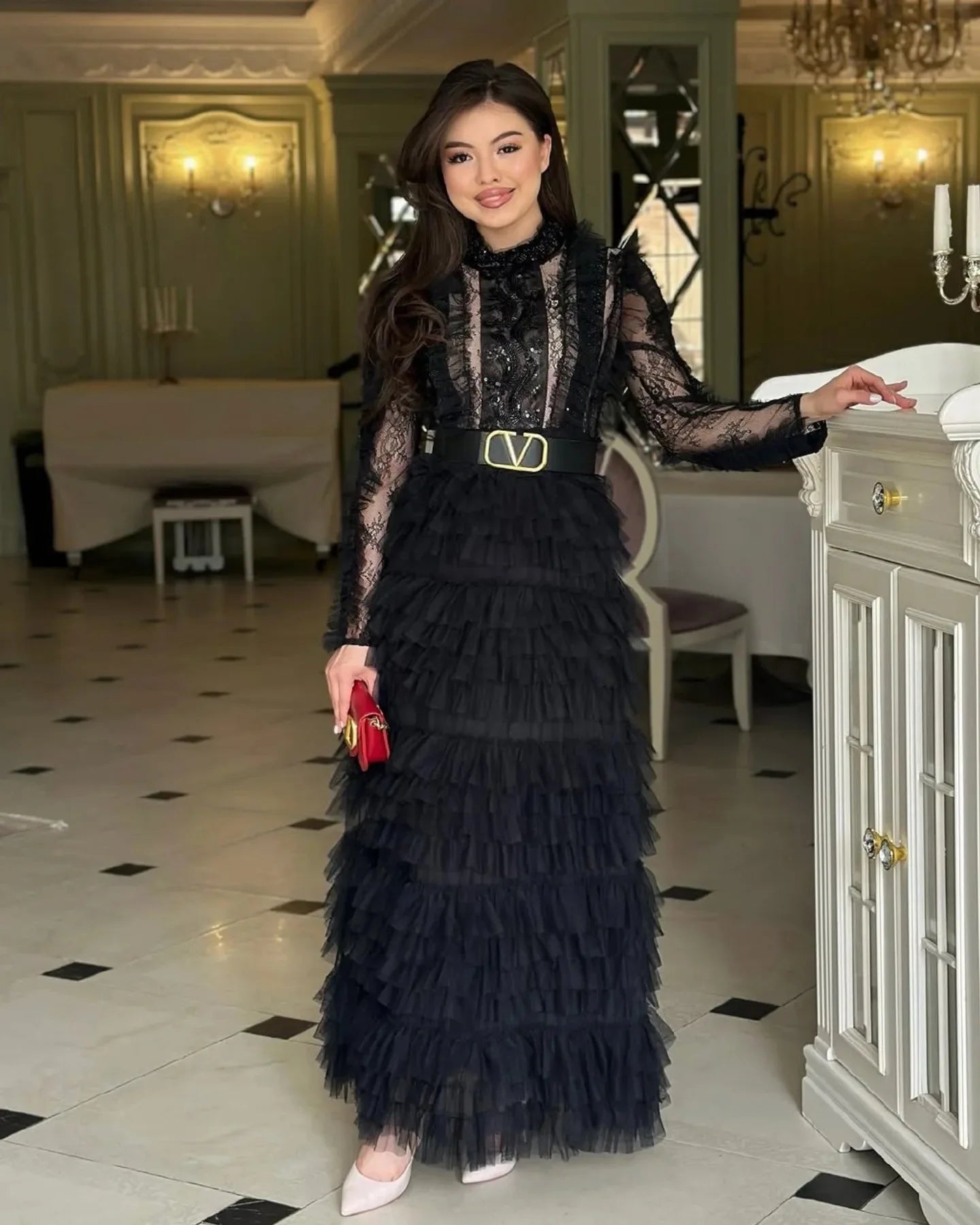 Evening Dress Women Gown Ruffles Stand Collar Full Sleeve Long Dresses Elegant A Line Spliced High Waist Vestidos Mesh Wedding Badiee Stylez