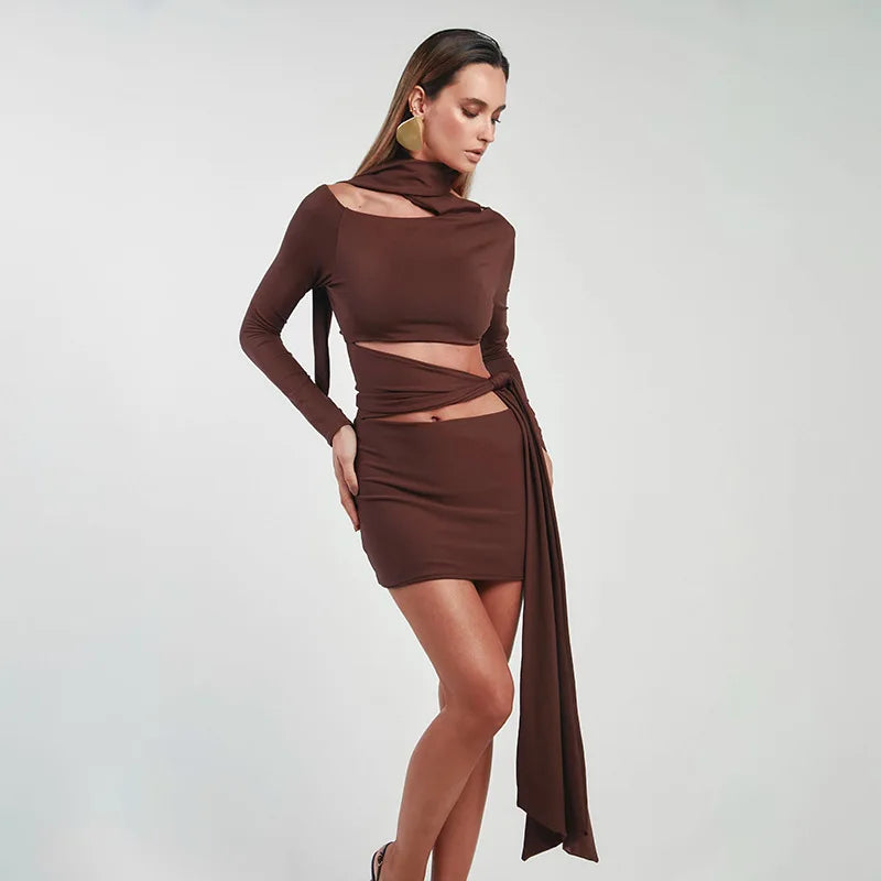 Nsauye Women New Fashion Halter Long Sleeve Mini Hollow Out Irregular Dress Outfits Elegant Sexy Night Club Lace Up Party Dress