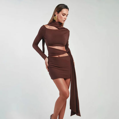 Nsauye Women New Fashion Halter Long Sleeve Mini Hollow Out Irregular Dress Outfits Elegant Sexy Night Club Lace Up Party Dress