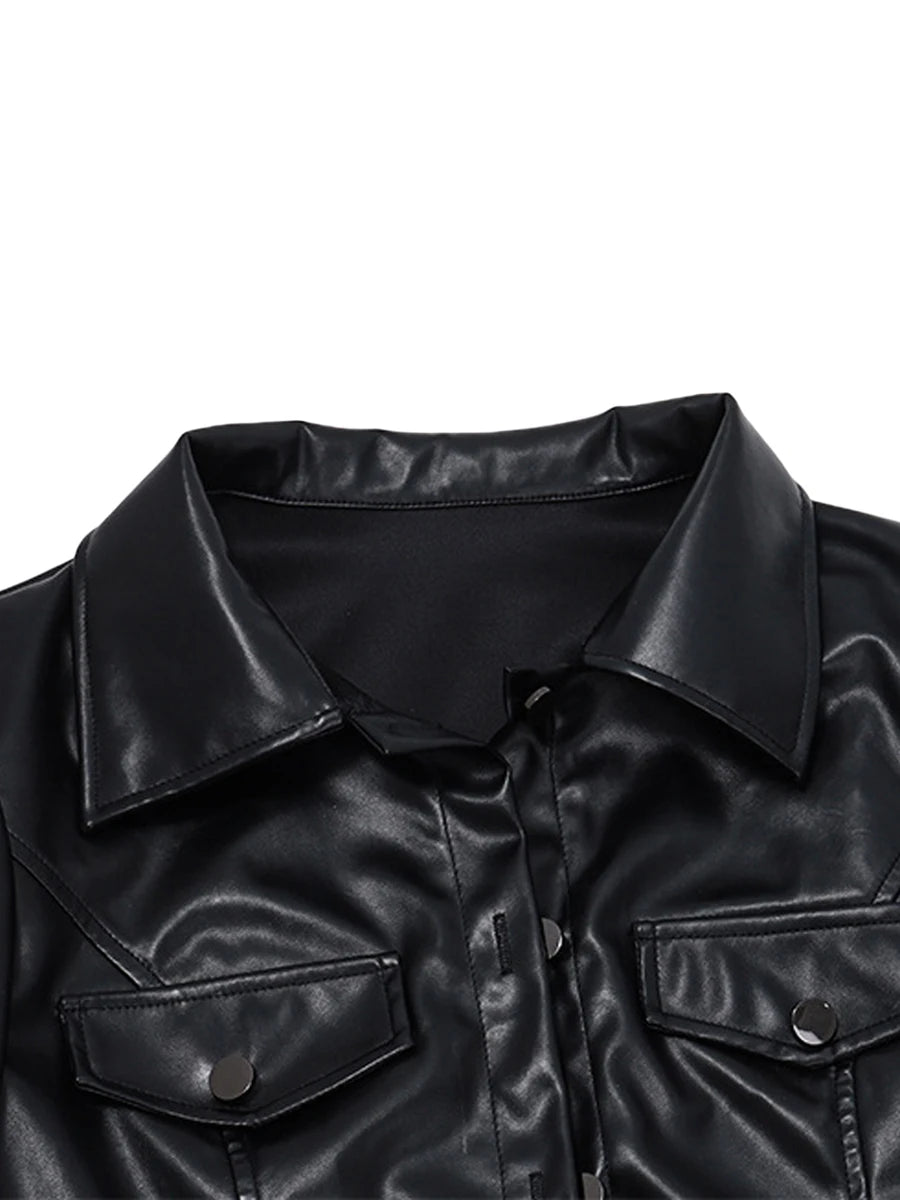 Women Crop Leather Jacket Solid Black Casual Long Sleeve Button Down Jacket Fall Outwear
