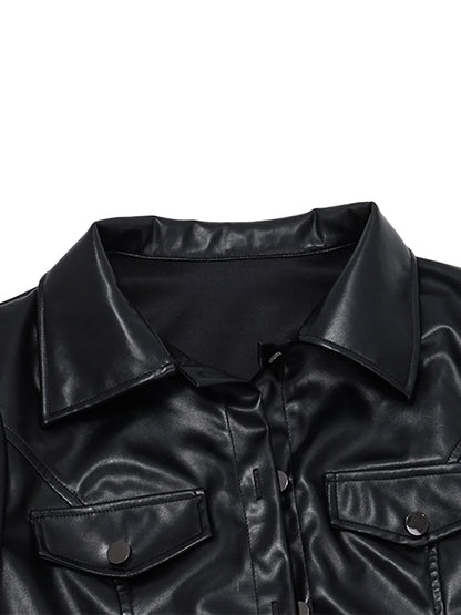 Women Crop Leather Jacket Solid Black Casual Long Sleeve Button Down Jacket Fall Outwear