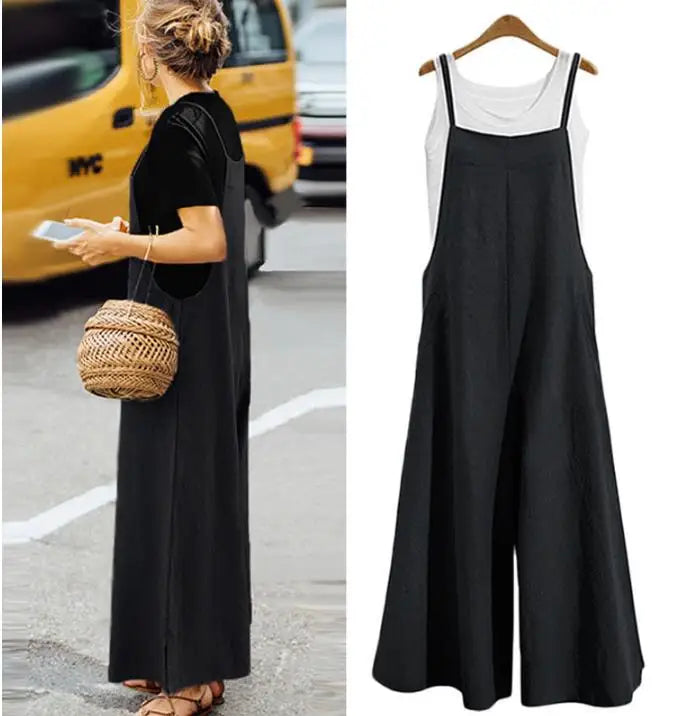Women Straps Jumpsuit Summer Solid Color Wide Leg Pants Dungaree Bib Overalls Casual Loose Sleeveless Cotton Linen Jumpsuits 5Xl Badiee Stylez