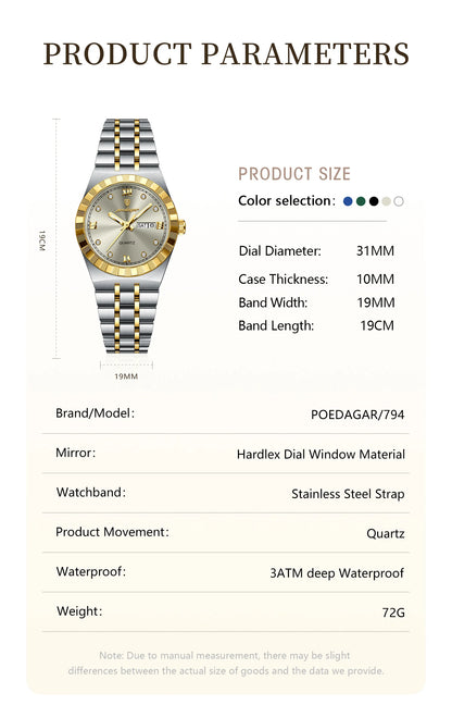 POEDAGAR Luxury Original Ladies Watch Luminous Waterproof Week Date Woman Wristwatch Stainless Steel Women Quartz Watches Female