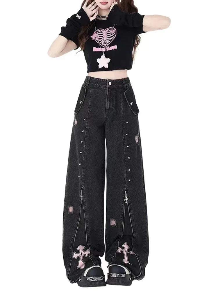 Women Clothing Black Gothic Jeans Pink Cross Y2k Oversize Loose Aesthetic Denim Trousers Harajuku Korean 2000s Jean Trashy Pants