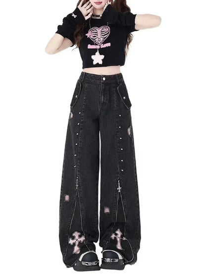 Women Clothing Black Gothic Jeans Pink Cross Y2k Oversize Loose Aesthetic Denim Trousers Harajuku Korean 2000s Jean Trashy Pants