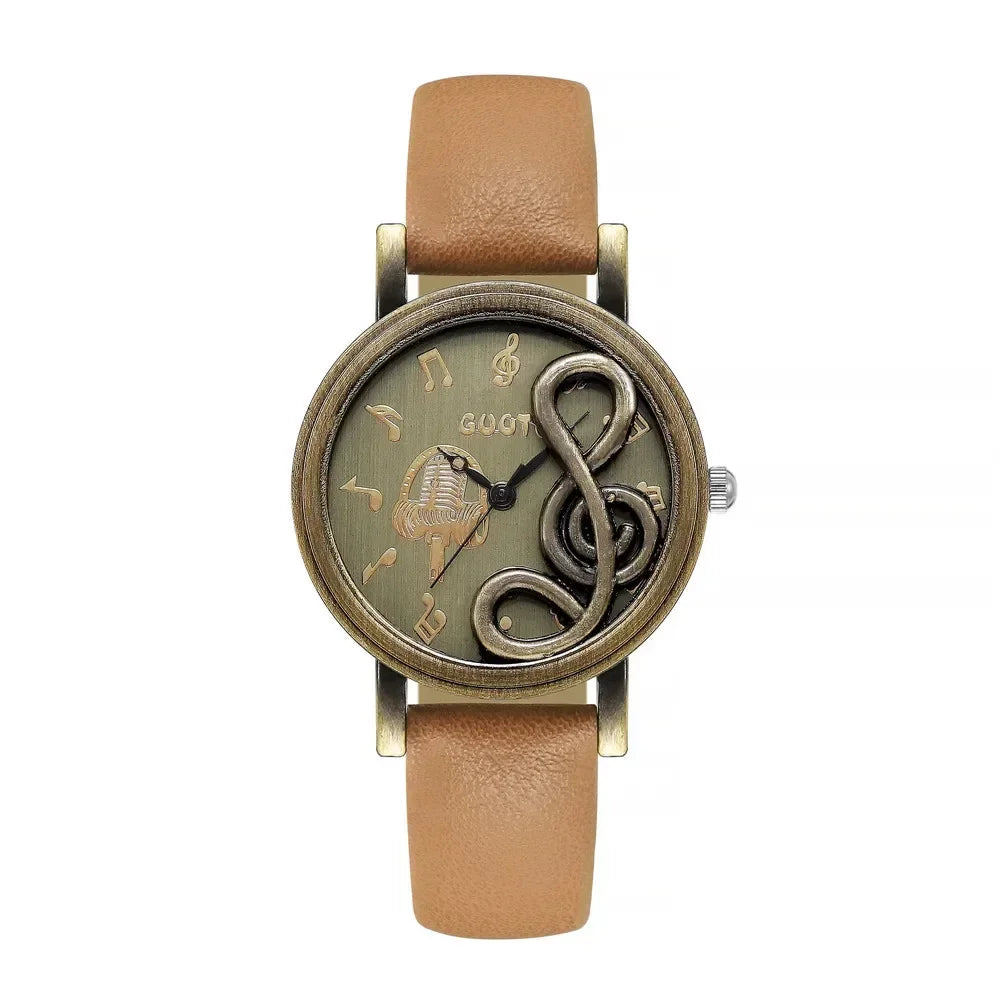 Vintage Women Watches Personalized Music 3D Style Leather Band Ladies Dress Waches Casual Outdoor Wristwatch Relogio Feminino Brown