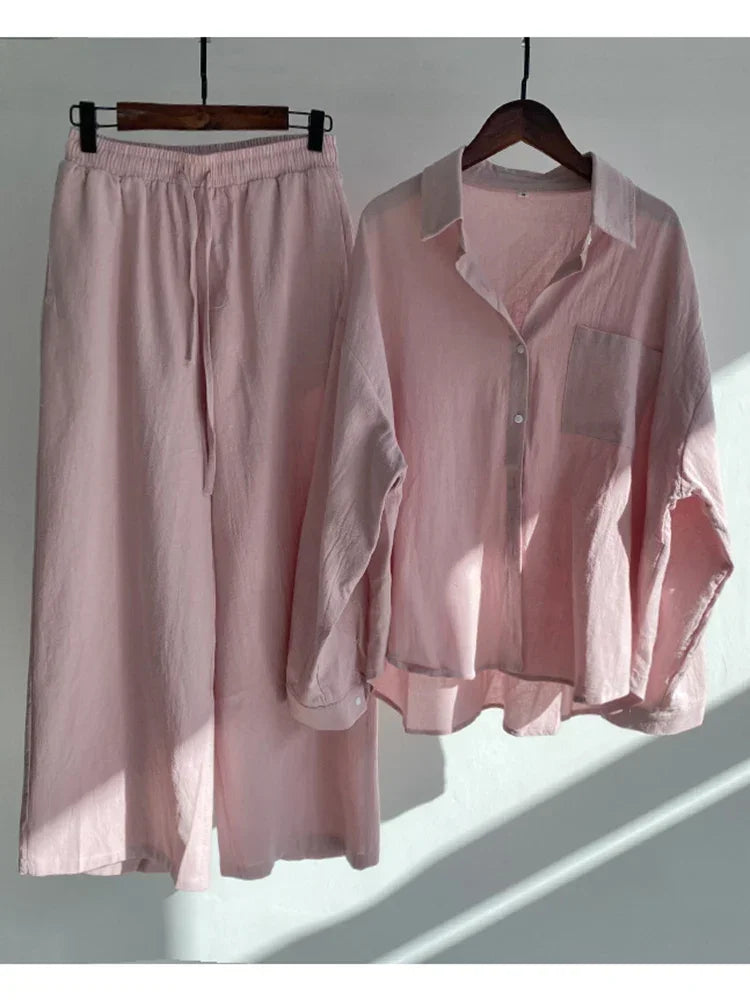 Pants Set Women Shirts Wide Leg Elastic Waist Cotton Linen Casual Sets Elegant Loose Long Sleeve Lapel Spring Shirt Y2k Suit Pink Set