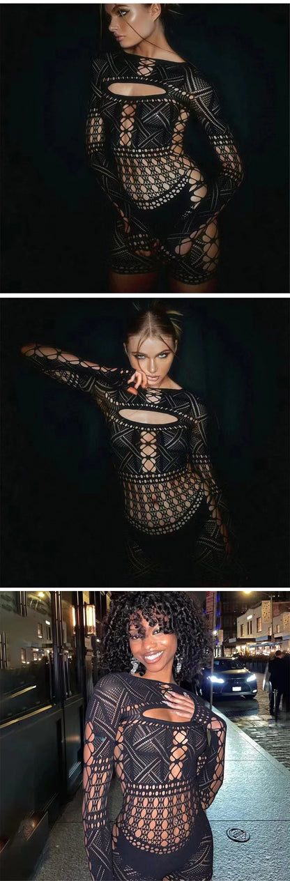 Sex Dress Jumpsuit with hollowed out tight lace and sexy hip hugging skirt casual women's long dresses daring lingerie woman xxx