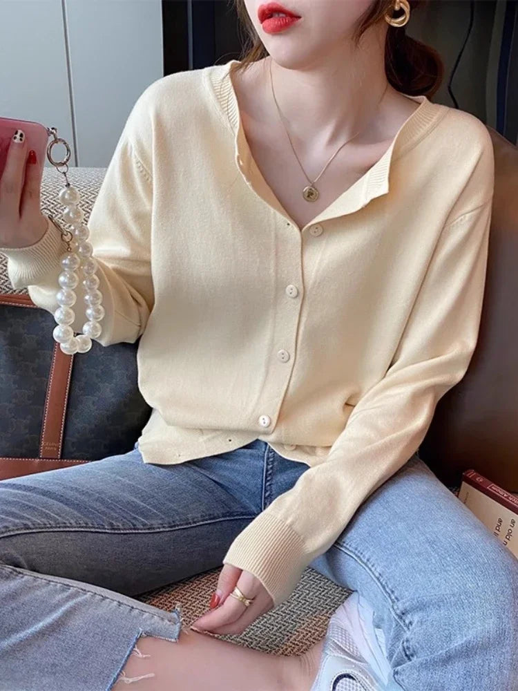 New 2025 Spring Summer Knit Cardigan O-Neck Solid Color Fashion High-Grade Comfortable Slim Casual Knitwear Tops Apricot One Size