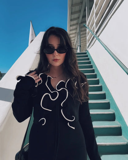 Yellow Knit Sweater Lace up Cropped Cardigan Ruffles Top For Women Black White Long Sleeve Y2K Clothing 2025 New Knitwears Fall Black