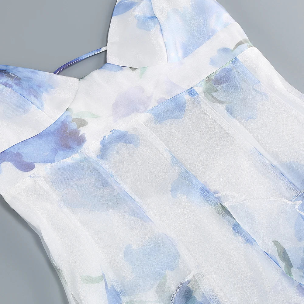 Summer New 2024 Women Sexy V Neck Backless Flower Chiffon Maxi Gowns Dress Split Celebrity Cut Out Beach Maxi Dress