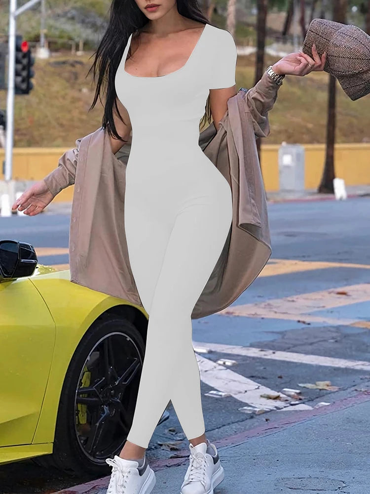 Women's Rompers Short Sleeve Solid Skinny Bodycon Jumpsuits Fashion Sports Fitness Casual Activity Streetwear Overalls White